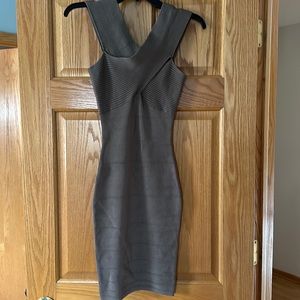 Brown fitted off the shoulder cocktail dress